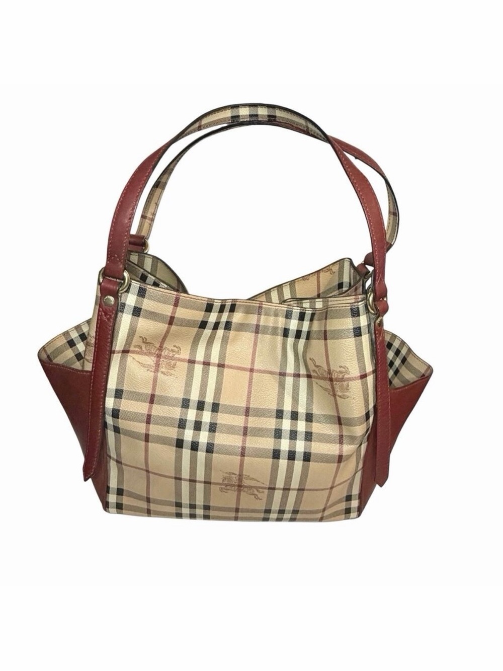 Burberry Haymarket Check Coated Canvas Tote Bag Red Leather Trim Dual Strap COA